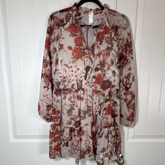 H&M Dresses & Skirts - H&M Ivory Red Floral Chiffon Mini Dress 2 V-Neck Balloon Long Sleeve Lined